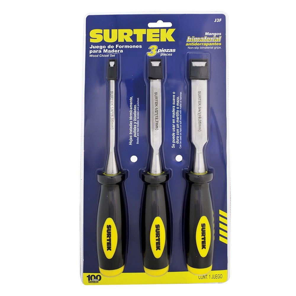[SUR-J3F] Juego de formones para madera con mango bimaterial 1/4" 1/2" y 3/4" 3 piezas Surtek J3F