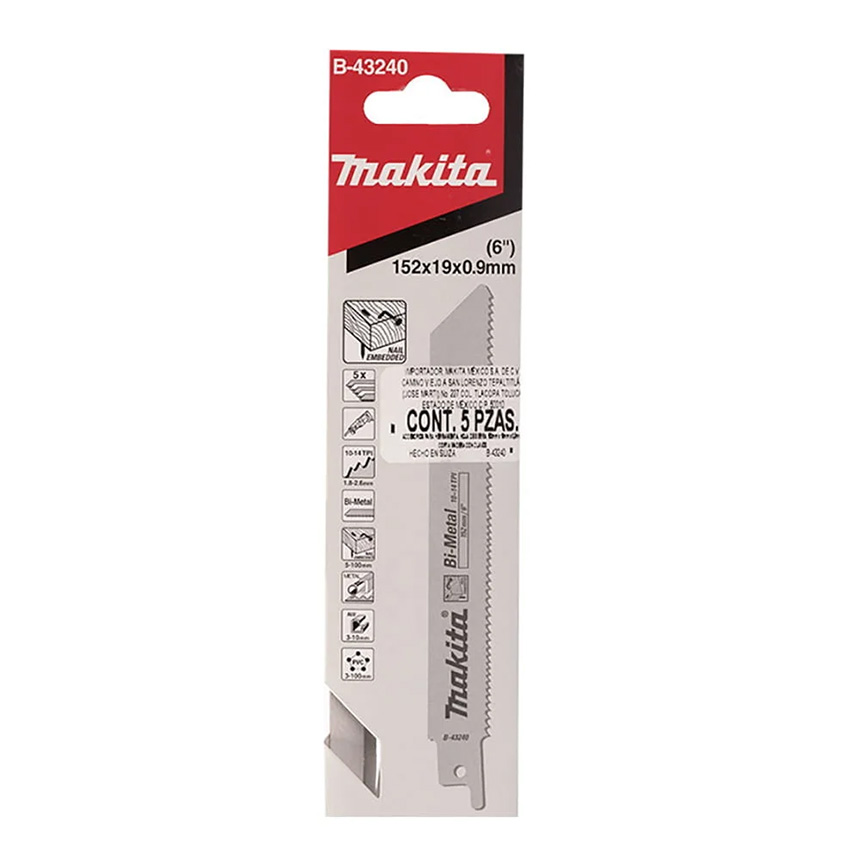 [B43240] JUEGO DE 5 SEGUETAS SABLE PARA MADERA, ALUMINIO 6" 10-14 TPI