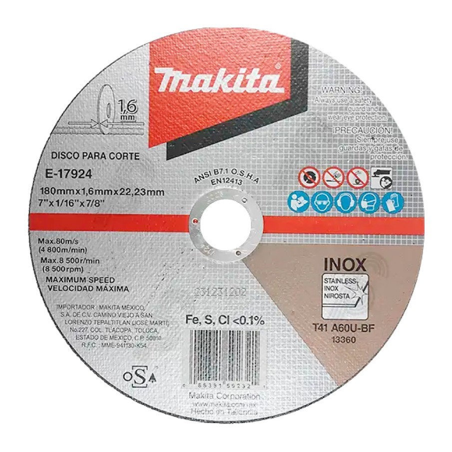 [E17924] Disco abrasivo para corte de Acero Inox. 7"X1/16"X7/8"